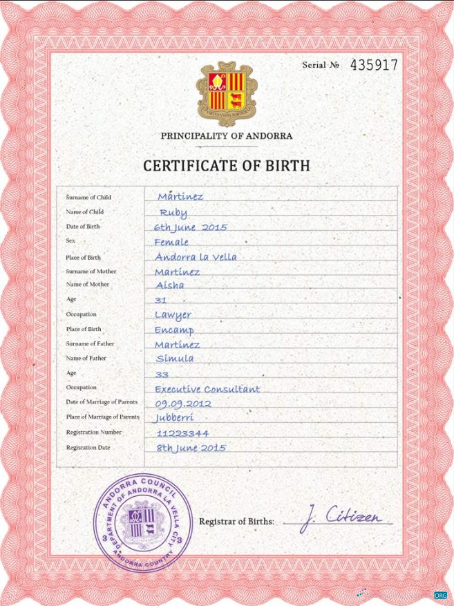 Download Andorra vital record birth certificate PSD template Photoshop template
